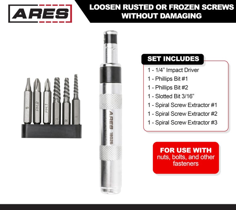ARES 18026-1/4-Inch Drive Manual Reversible Impact Driver - Includes 6-Piece Flathead, Phillips, and Spiral Screw Extractor Bit Set - Disengage Rusted Fasteners or Frozen Bolts - Compact Design - Image 2